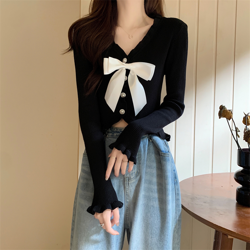 Knitted sweet wood ear tops bow single-breasted cardigan