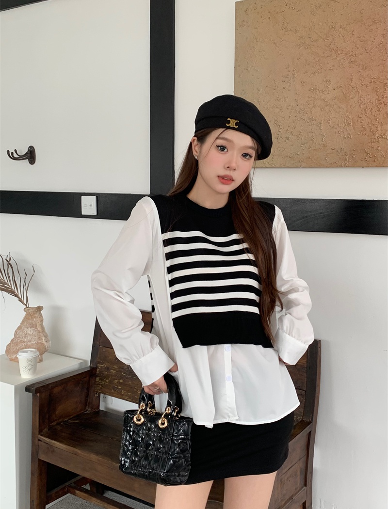 Knitted stripe splice waistcoat winter Korean style tops
