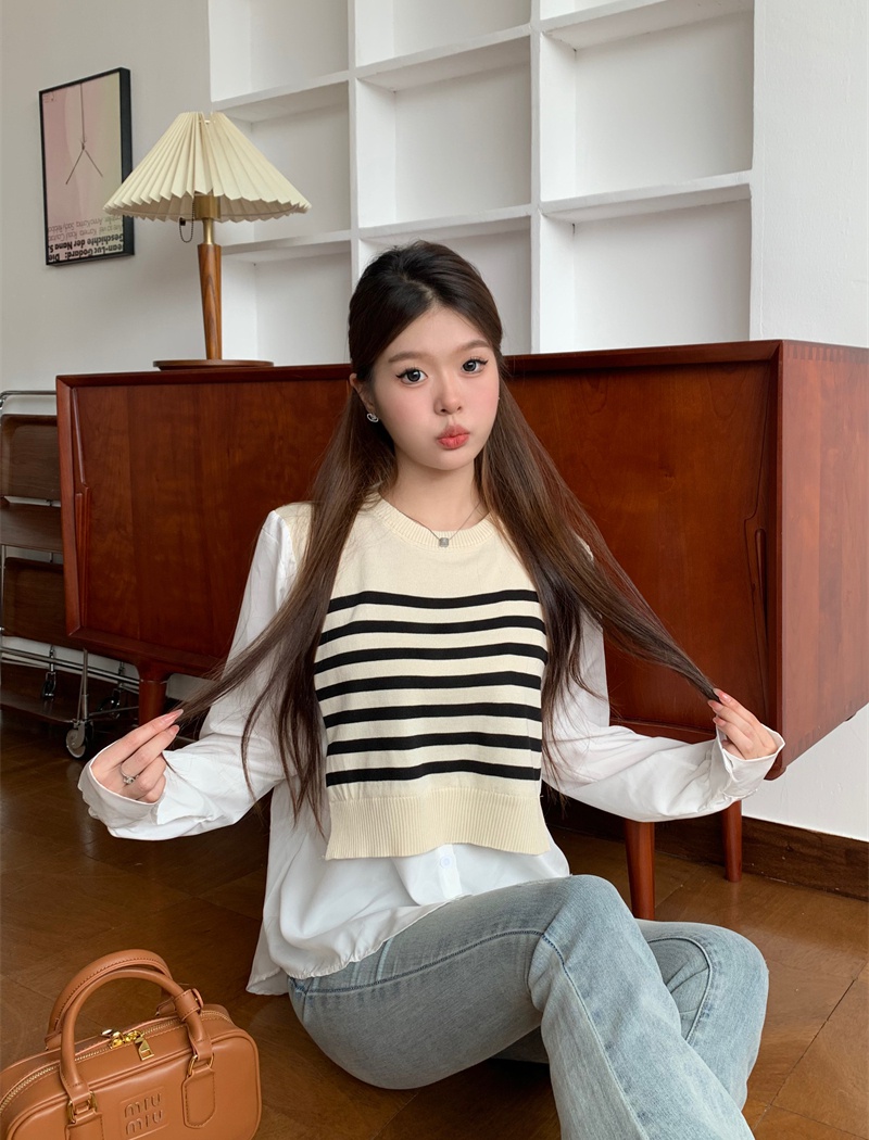 Knitted stripe splice waistcoat winter Korean style tops