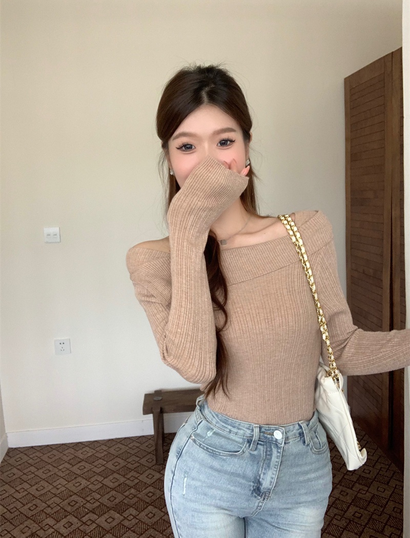 Pullover long sleeve tops winter flat shoulder sweater
