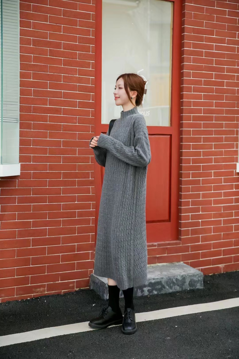 Long high collar sweater loose dress for women