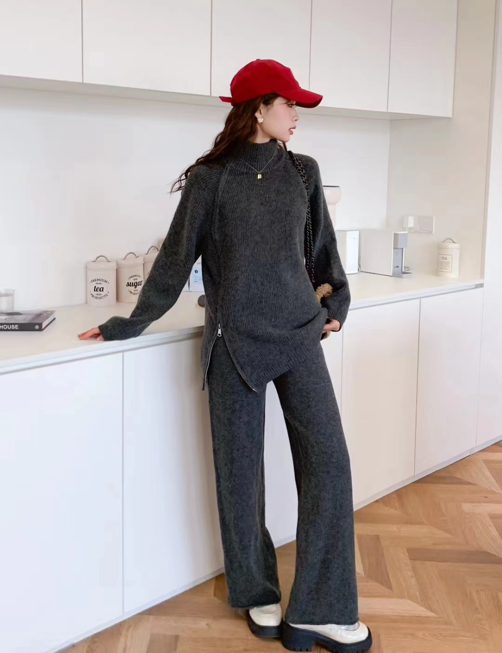 Lazy zip sweater thermal knitted wide leg pants 2pcs set