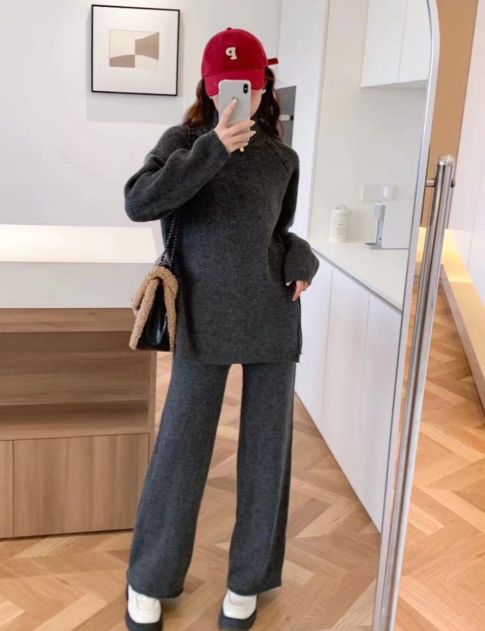 Lazy zip sweater thermal knitted wide leg pants 2pcs set