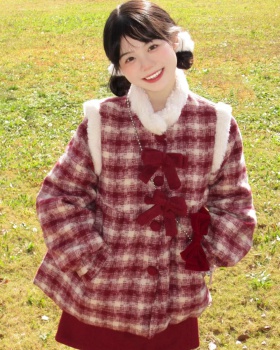 Short christmas red woolen skirt 2pcs set for women