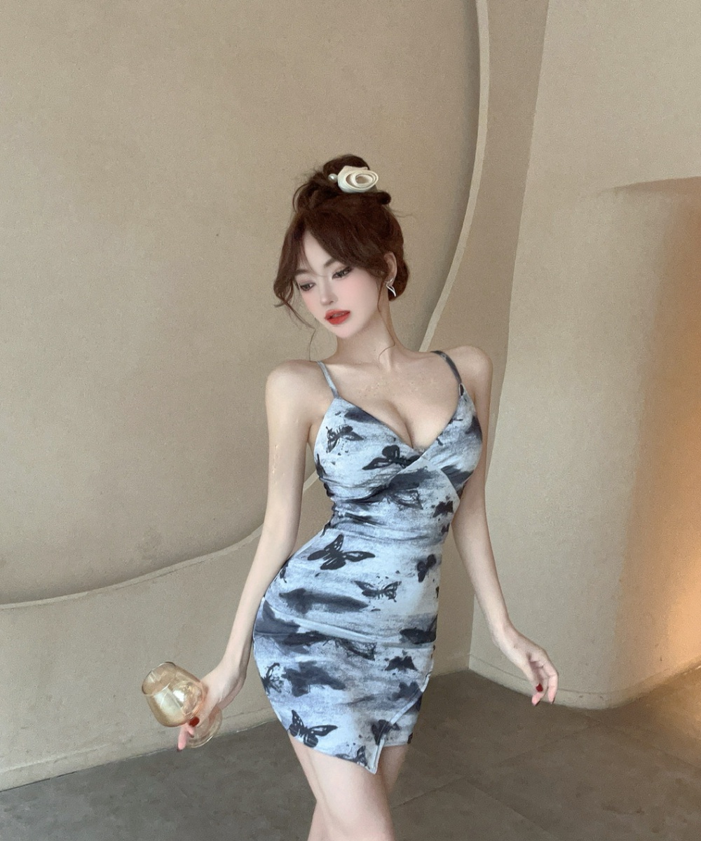 Package hip sling V-neck low-cut sexy printing dress