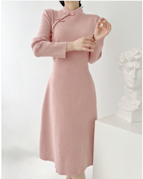 Long cheongsam knitted sweater dress for women