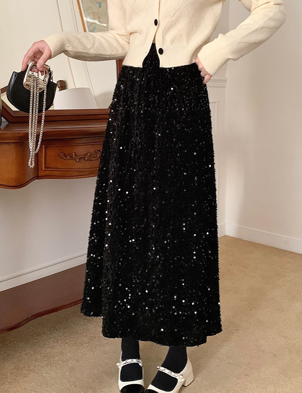 High waist plus velvet fat sequins A-line skirt for women