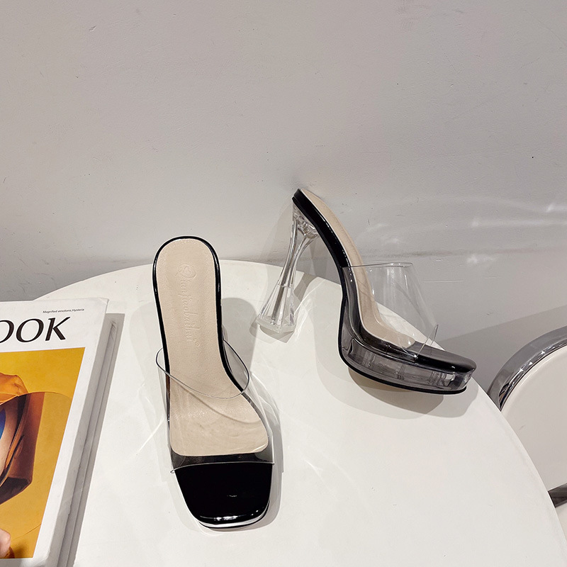 Open toe transparent high-heeled shoes square head platform
