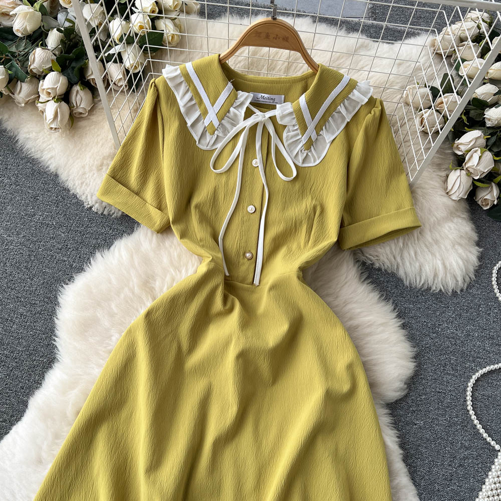 Spring and summer lace pinched waist short sleeve dress
