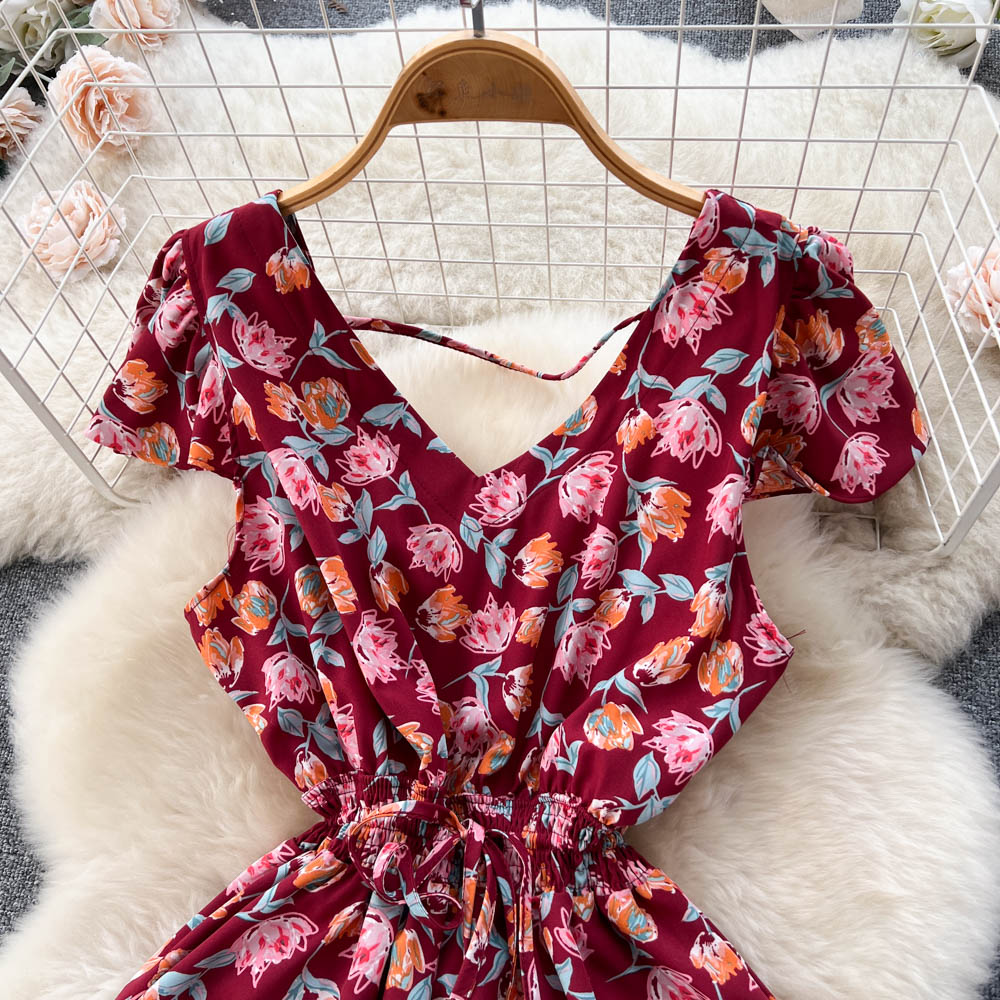 Slim pinched waist V-neck floral chiffon dress