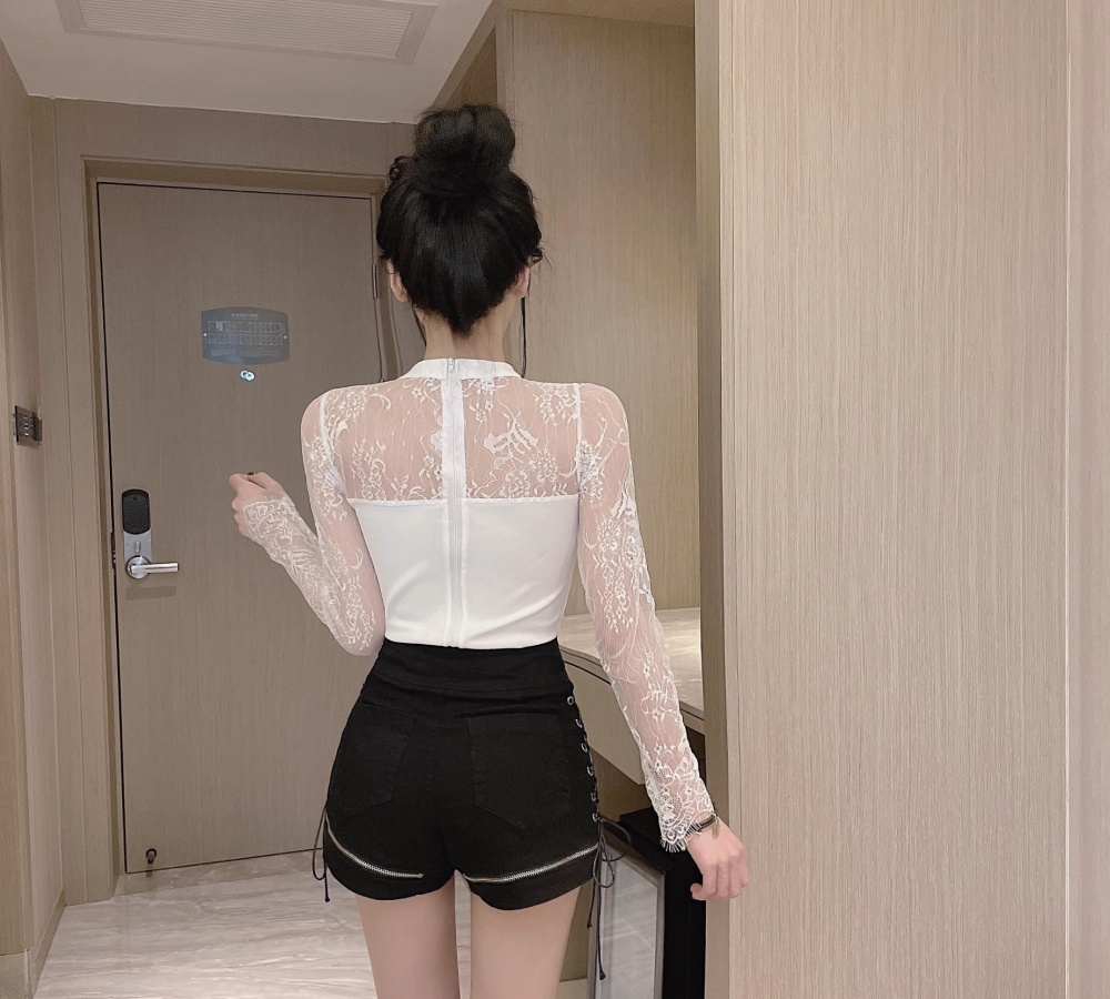 Slim tight lace tops short sexy bottoming shirt