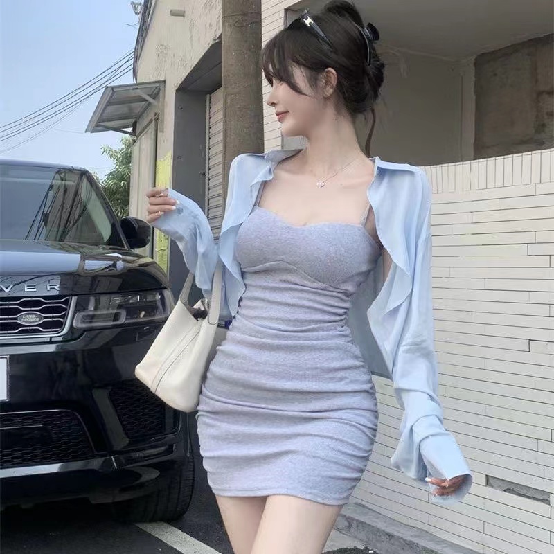Blue winter package hip sexy tight sling dress for women