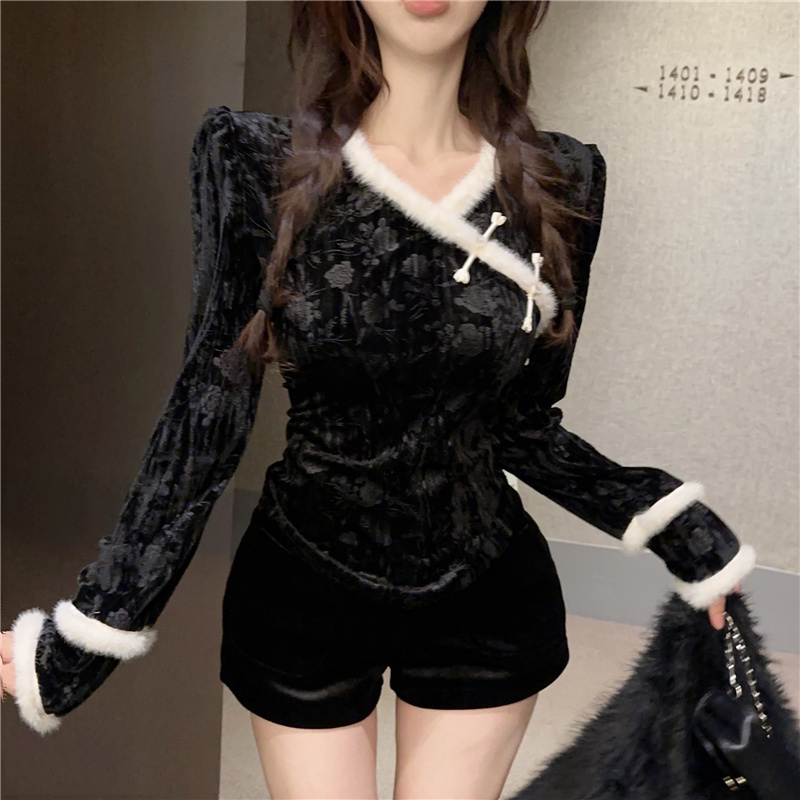 Chinese style winter bottoming shirt velvet black tops