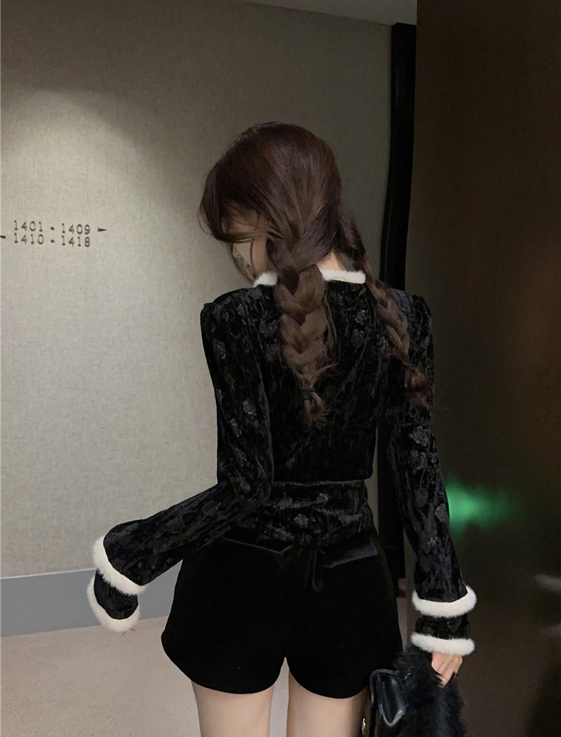 Chinese style winter bottoming shirt velvet black tops