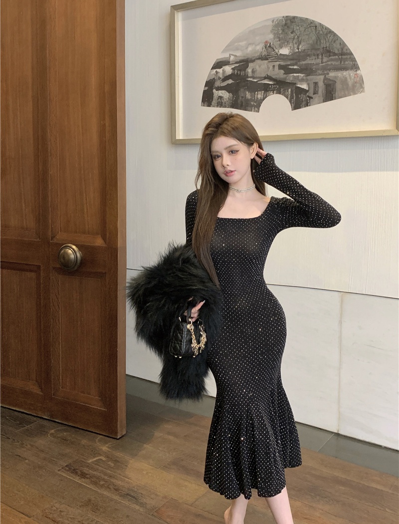 Elegant shining light luxury temperament long sleeve dress