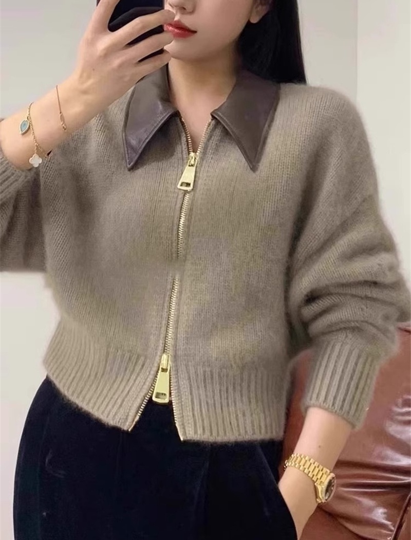 Autumn and winter sweater stitching leather collar tops
