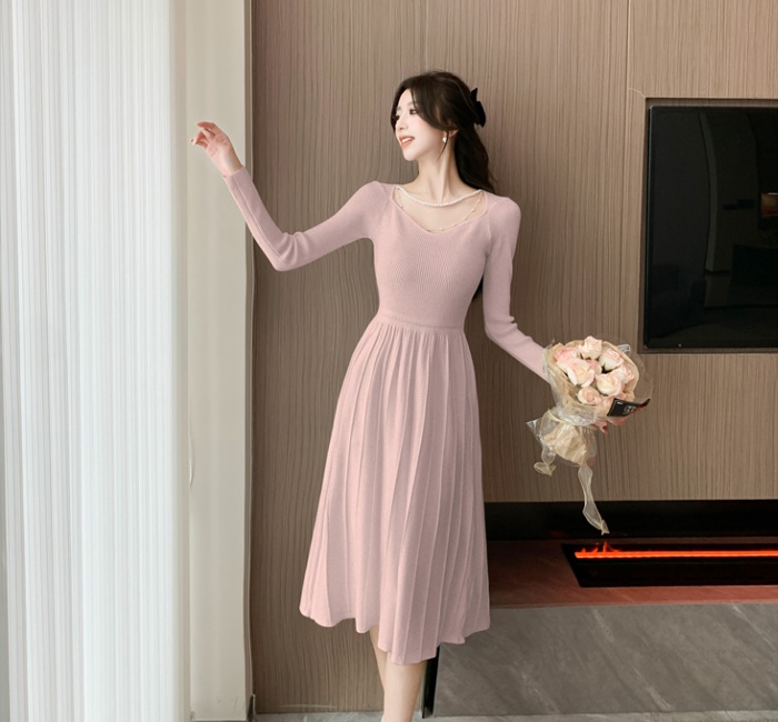 Pearl bottoming autumn and winter elegant V-neck dress