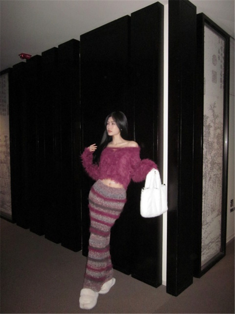 Knitted short stripe skirt long V-neck sweater 2pcs set