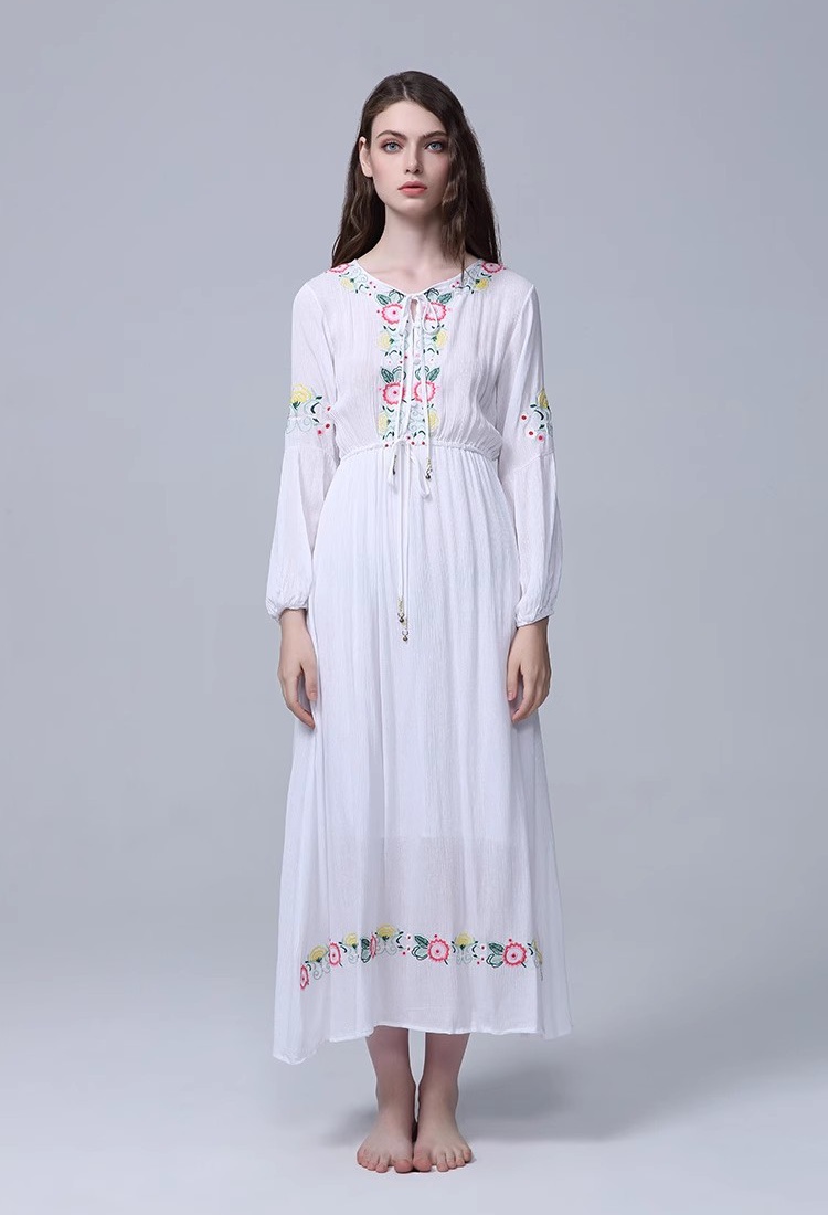 Embroidered flowers pinched waist drawstring white long dress