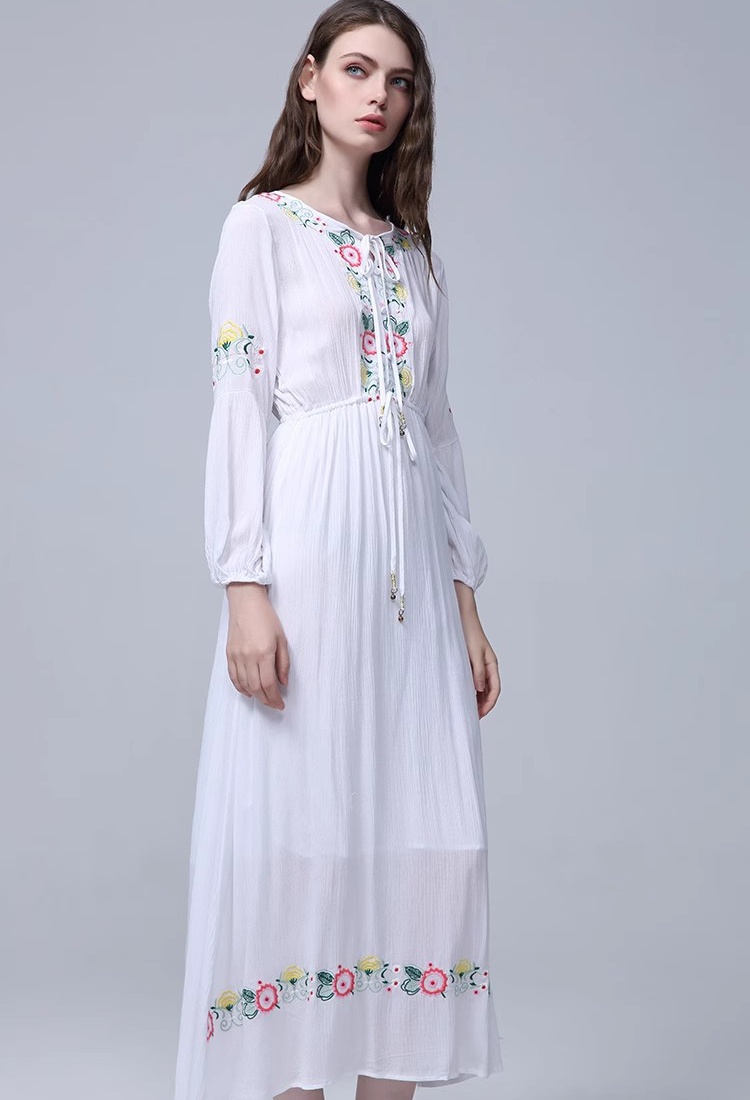 Embroidered flowers pinched waist drawstring white long dress