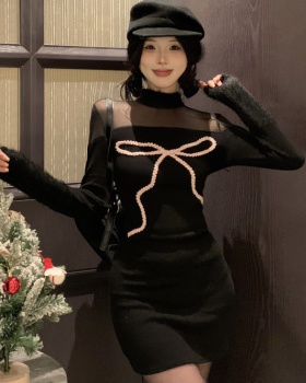 Slim winter wool bow knitted annual meeting dress