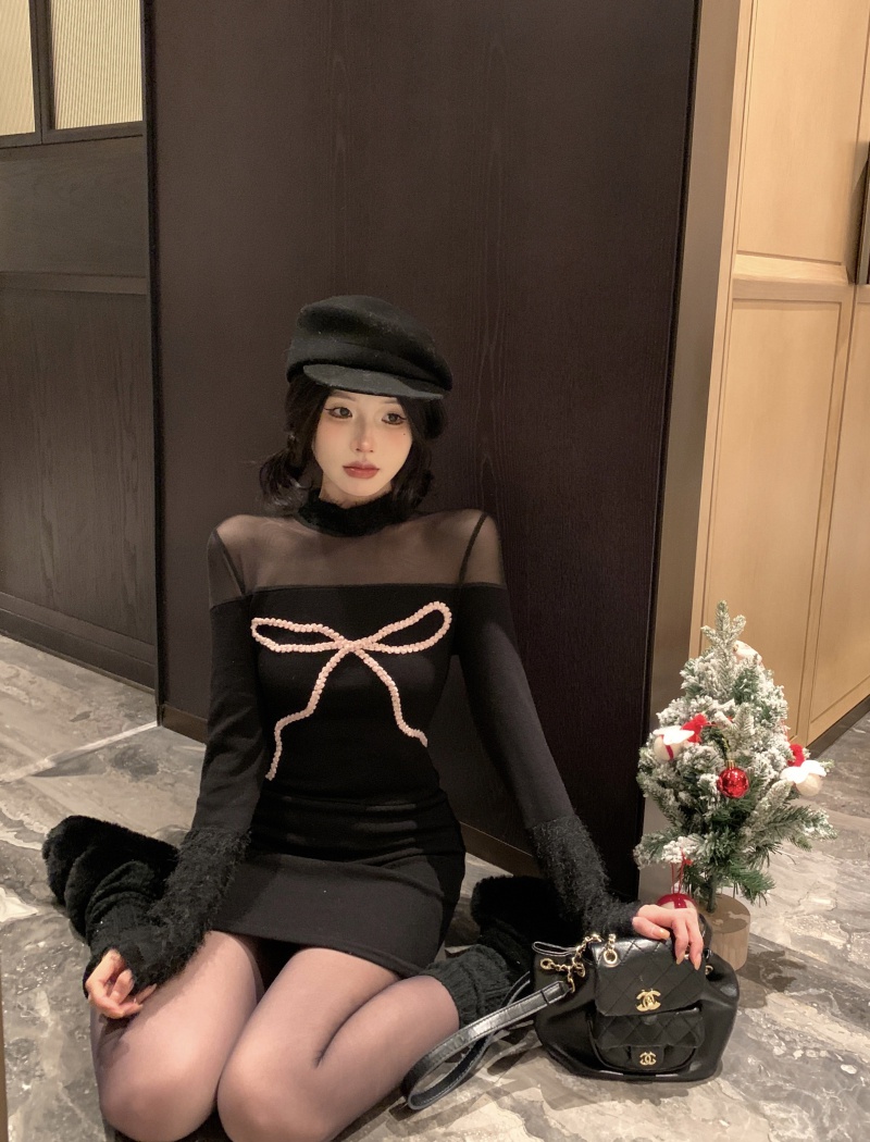 Slim winter wool bow knitted annual meeting dress