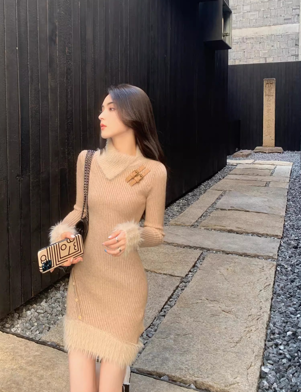 Knitted dress package hip sweater dress for women