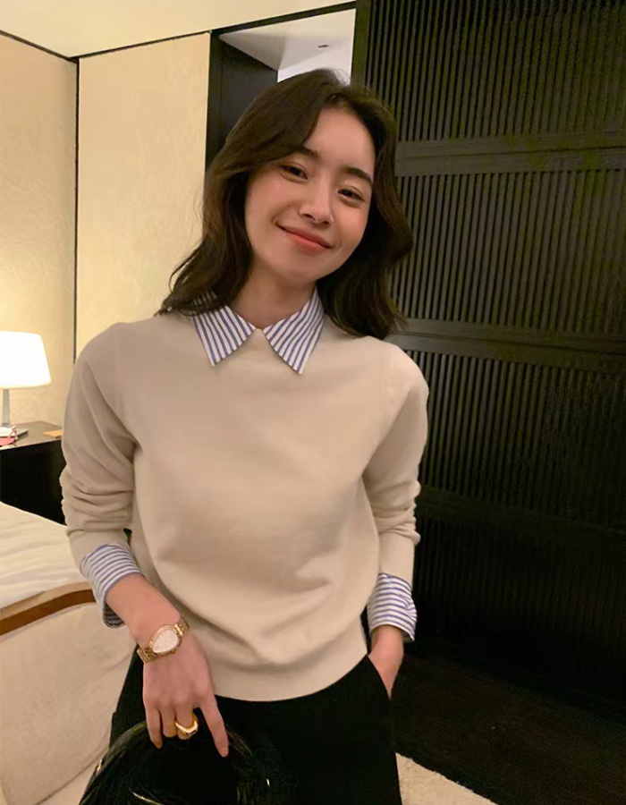Autumn and winter pullover wool shirt Pseudo-two lapel tops