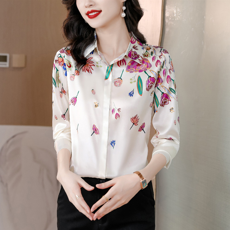 Fashion temperament lapel long sleeve silk all-match shirt
