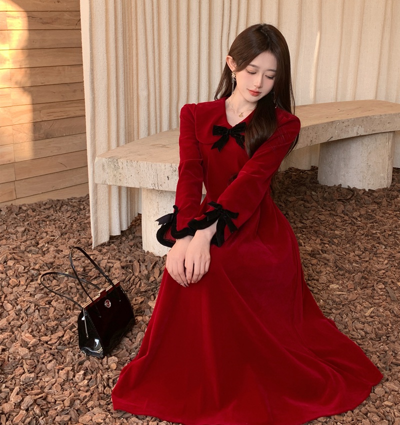 Velvet red dress wedding evening dress for women