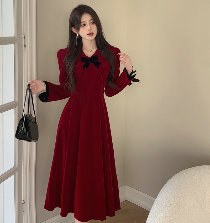 Velvet red dress wedding evening dress for women
