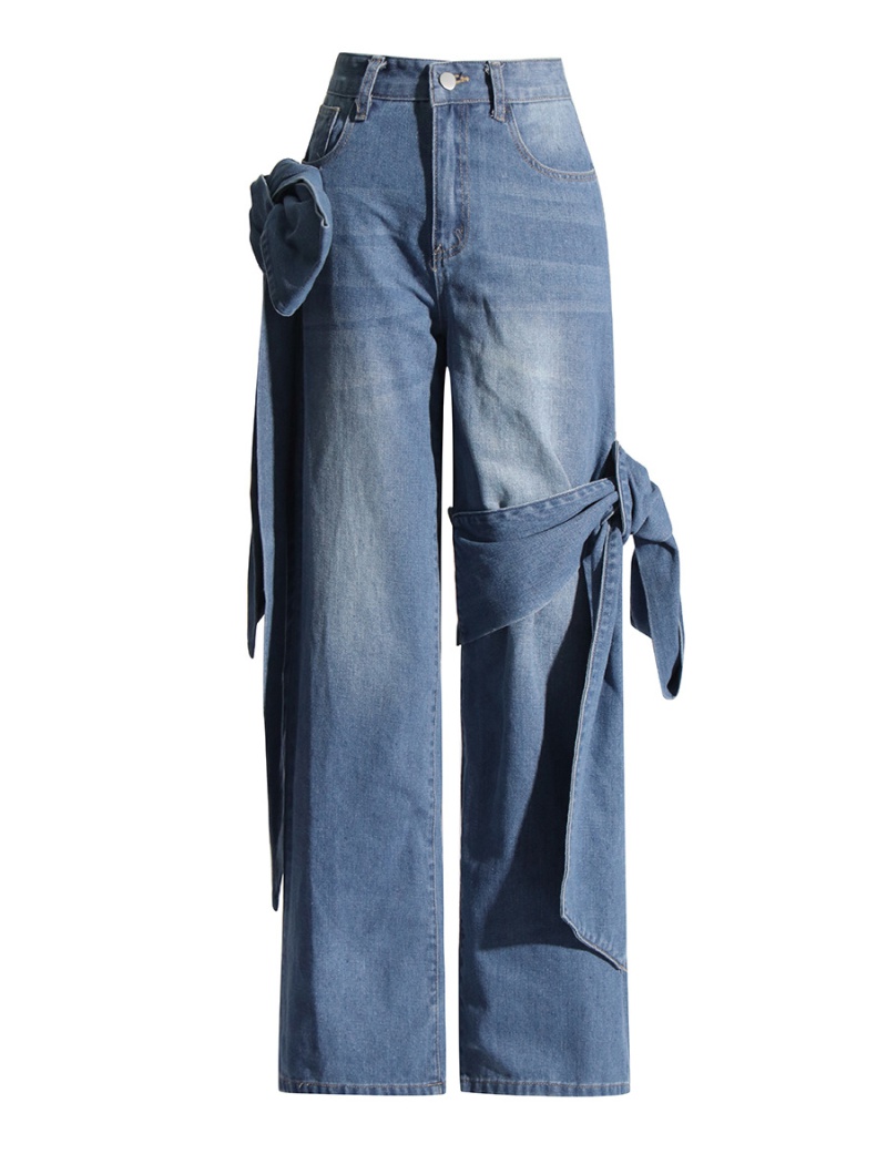 Washed retro splice spring slim bow jeans for women