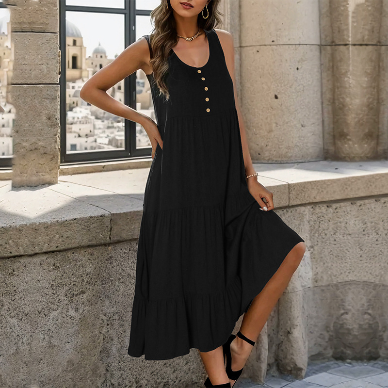 European style long sling black summer dress