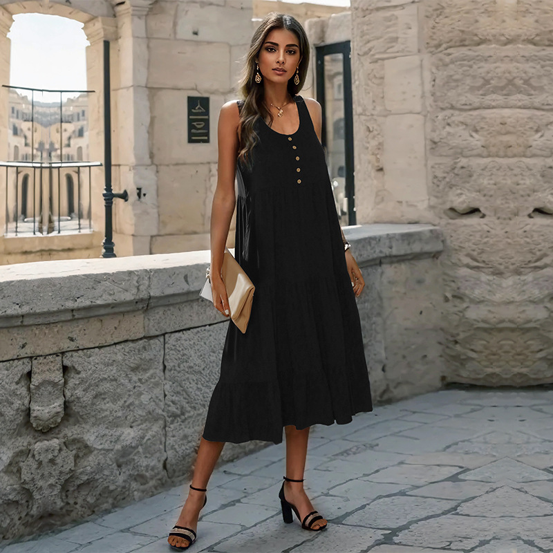 European style long sling black summer dress