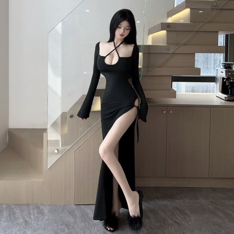 Black slim formal dress elasticity long dress for women
