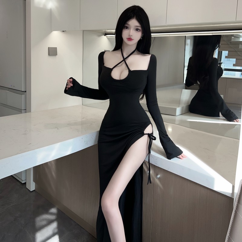 Black slim formal dress elasticity long dress for women
