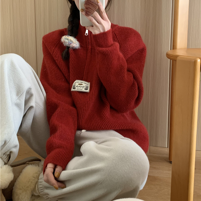 Red Casual autumn and winter pullover sweater for women