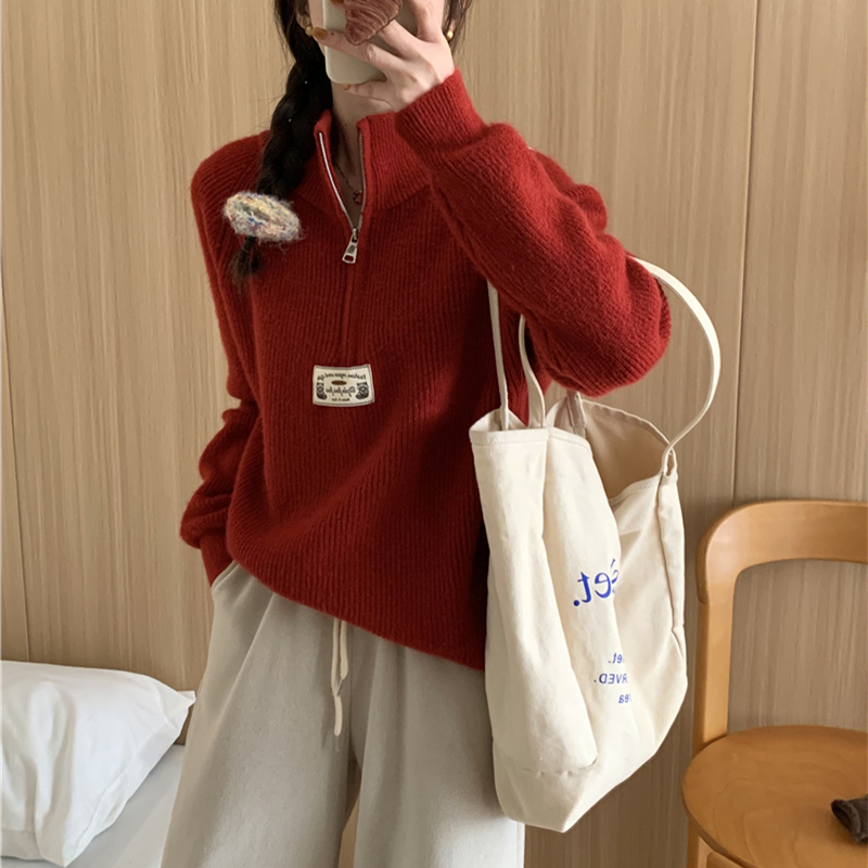 Red Casual autumn and winter pullover sweater for women