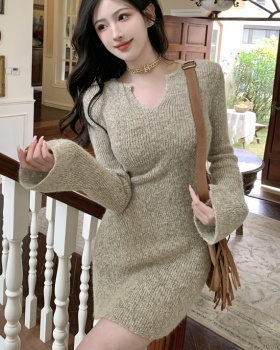 Knitted pinched waist dress V-neck bottoming T-back