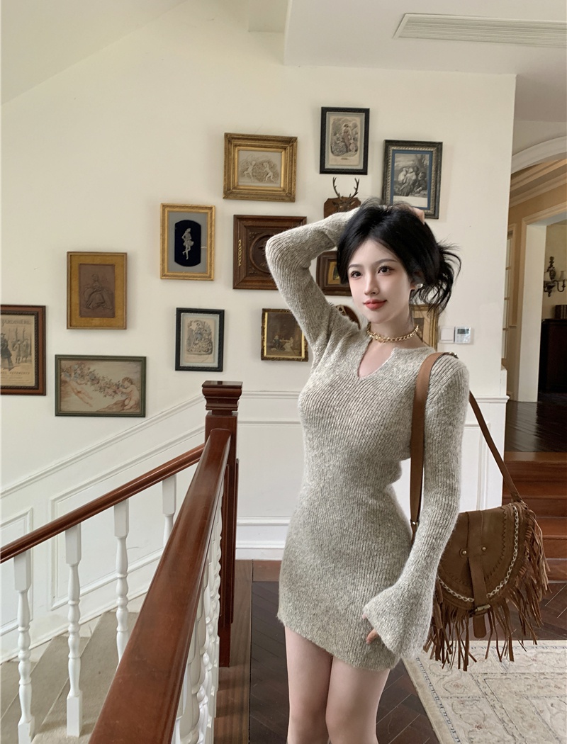 Knitted pinched waist dress V-neck bottoming T-back