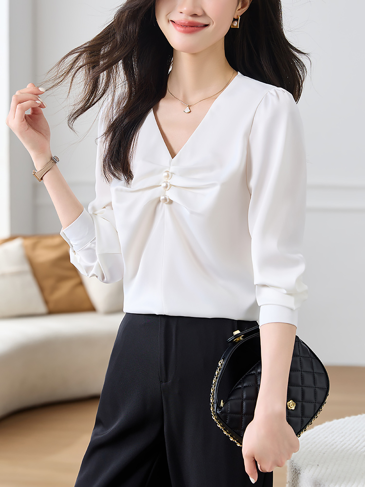 Spring white tops pullover beading shirt for women