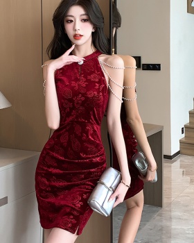Sexy pinched waist cheongsam split Chinese style dress