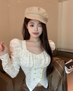 Sexy double-breasted shirt puff sleeve hollow tops