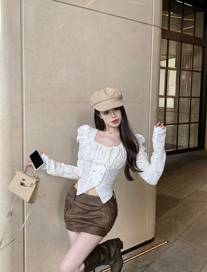 Sexy double-breasted shirt puff sleeve hollow tops