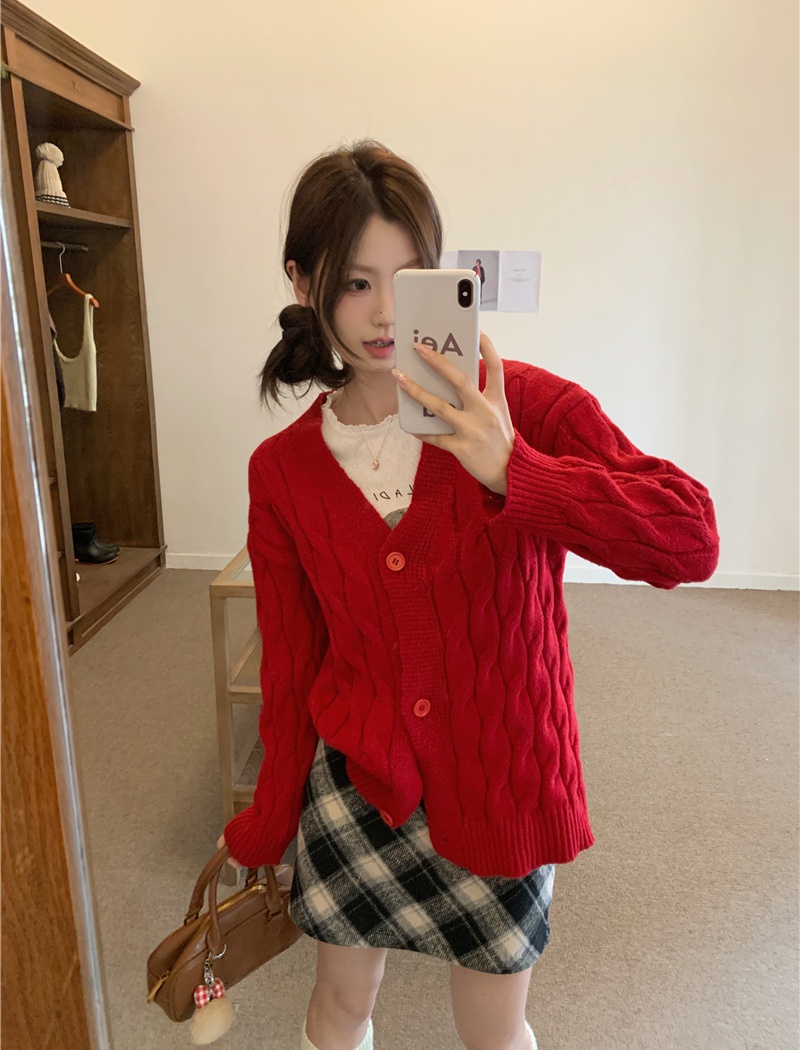 Loose red autumn and winter tops lazy twist coat