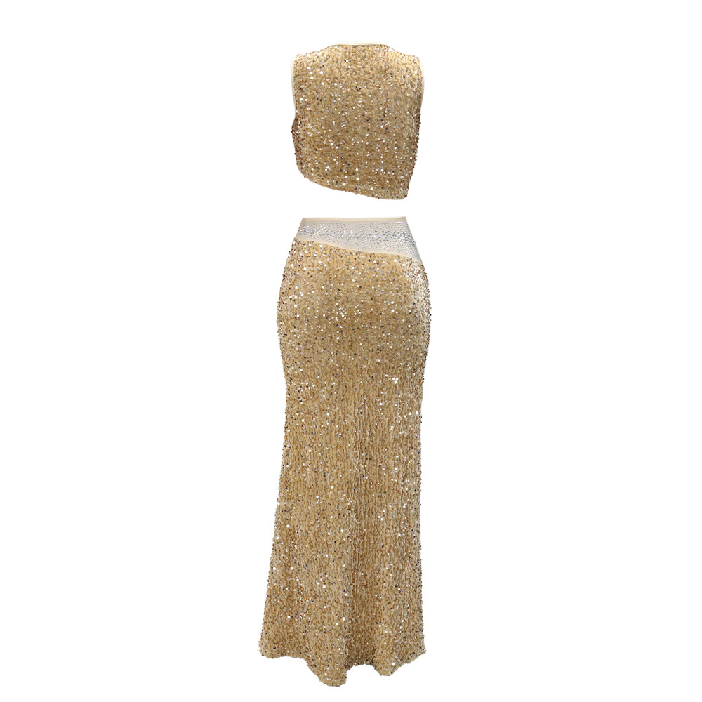 Rhinestone tops sequins skirt 2pcs set for women