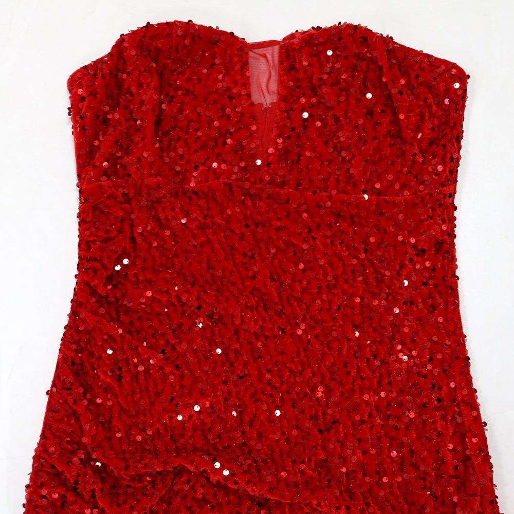 Sexy wrapped chest high split sequins pure European style dress