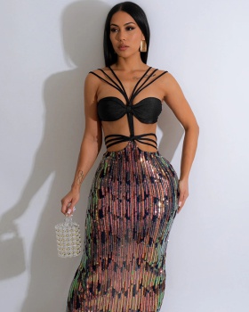 Sequins package hip fashion slim high split dress for women