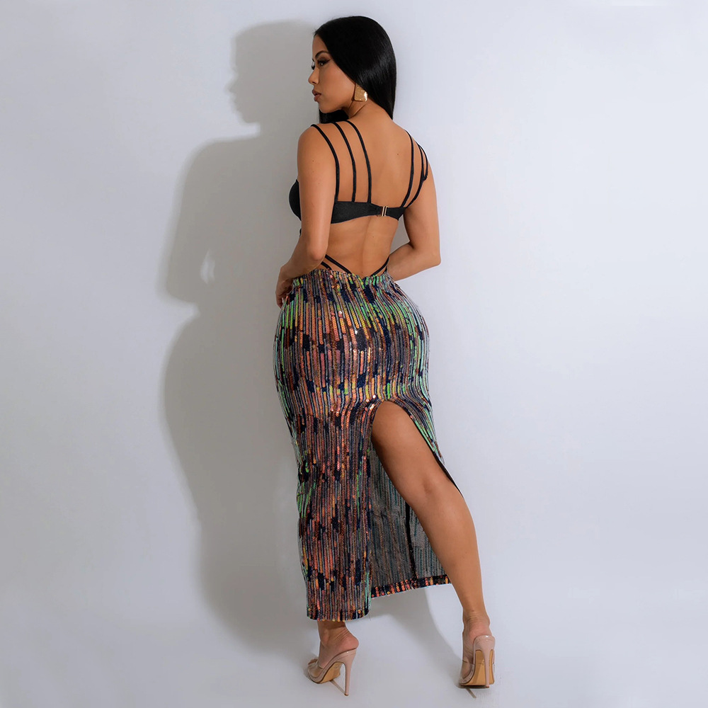 Sequins package hip fashion slim high split dress for women