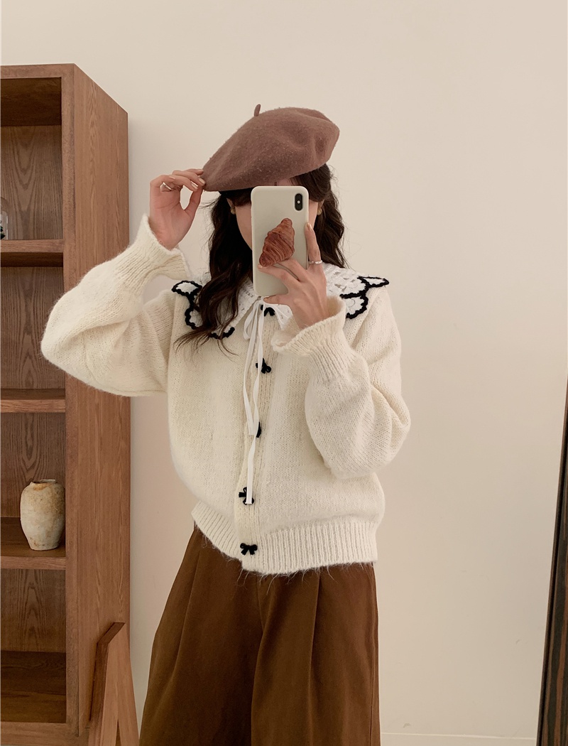 Lapel bow Korean style sweater tender knitted splice cardigan
